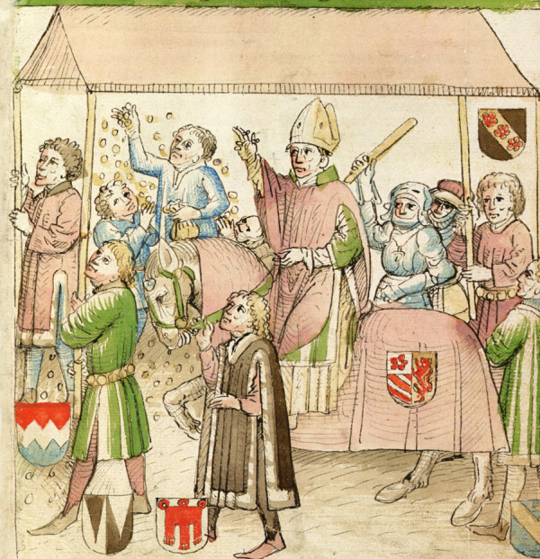 Einzug des Papstes Johannes XXIII. in Konstanz am 28. Oktober 1414. Der Graf Rudolf von Montfort-Tettnang zu Scheer führt das Pferd des Papstes. Zeichnung in der Richental-Chronik.